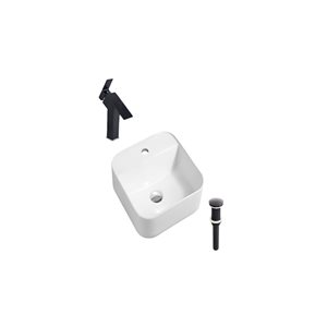 Lavabo-vasque sur plan DROP Bath and Kitchen 15,3 po carré en céramique blanche avec robinet et bonde noirs