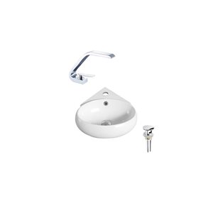 DROP Bath and Kitchen 13.7-in Oval Ceramic Wall Mount Bathroom Vessel Sink Set w/ Chrome Faucet and Drain