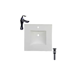 Comptoir-lavabo monobloc rectangulaire blanc en céramique DROP Bath and Kitchen de 20,2 po avec bonde et robinet noirs