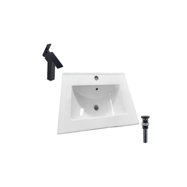 Comptoir-lavabo monobloc rectangle en céramique blanche DROP Bath and Kitchen de 24,2 po avec bonde et robinet noirs