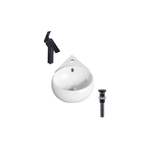 DROP Bath and Kitchen 13.7-in White Oval Ceramic Wall Mount Vessel Sink w/ Black Faucet and Drain