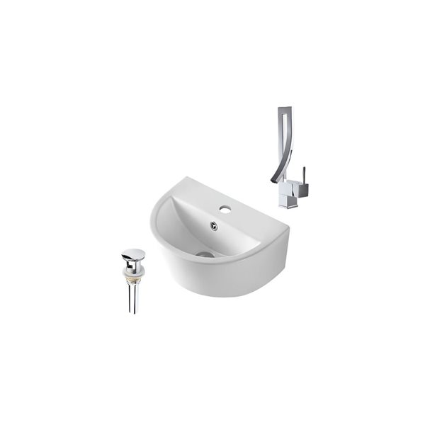 DROP Bath and Kitchen 17.5-in White Semicircular Wall Mount Bathroom Vessel Sink Set w/ Chrome Faucet and Drain