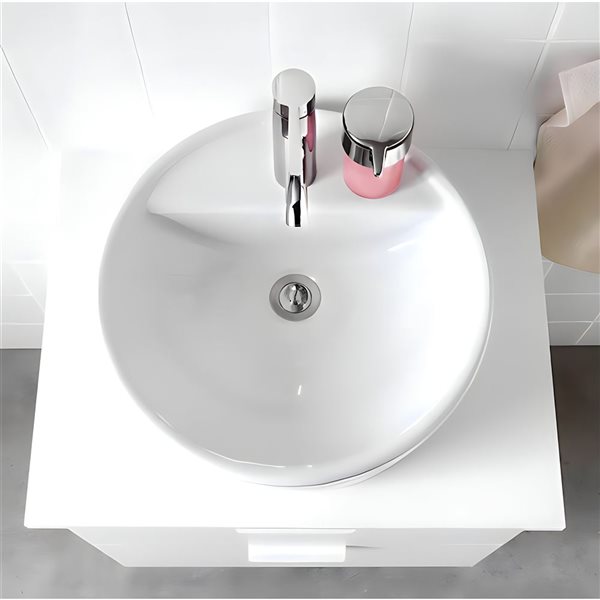 Lavabo-vasque sur plan rond DROP Bath and Kitchen 18 po de diamètre en céramique blanche avec bonde et robinet chromés