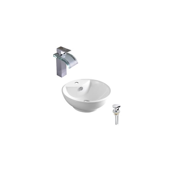 Lavabo-vasque sur plan rond DROP Bath and Kitchen 18 po de diamètre en céramique blanche avec bonde et robinet chromés