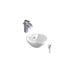 Lavabo-vasque sur plan rond DROP Bath and Kitchen 18 po de diamètre en céramique blanche avec bonde et robinet chromés