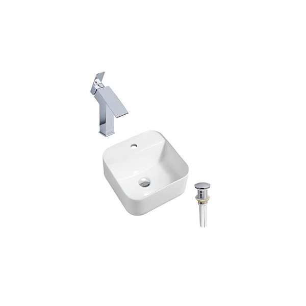 DROP Bath and Kitchen 15.3-in White Square Ceramic Above Counter Bathroom Vessel Sink w/ Chrome Faucet and Drain