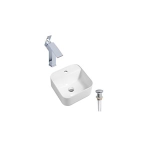 Lavabo-vasque sur plan DROP Bath and Kitchen 15,3 po carré en céramique blanche avec robinet et bonde chromés