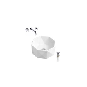 DROP Bath and Kitchen 16.5-in White Octagon Ceramic Bathroom Vessel Sink Set w/ Chrome Faucet and Drain