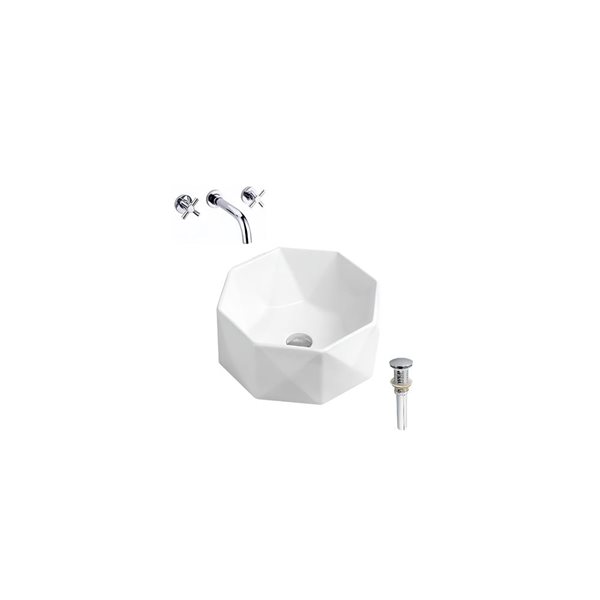 Lavabo-vasque en céramique blanc DROP Bath and Kitchen octogonal 16,5 po avec robinet et bonde chromés