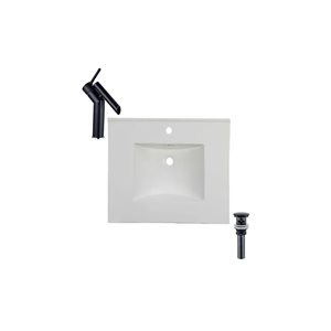 Comptoir-lavabo monobloc rectangulaire en céramique blanche DROP Bath and Kitchen de 20,2 po avec robinet et bonde noirs