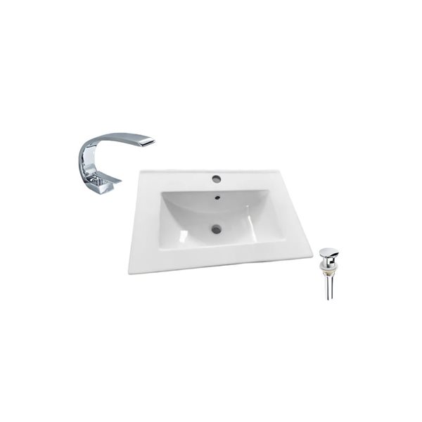 Comptoir-lavabo monobloc rectangle en céramique blanche DROP Bath and Kitchen de 24,2 po avec robinet et bonde chromés