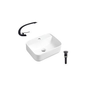 Lavabo-vasque rectangle blanc sur plan DROP Bath and Kitchen 20,3 po en céramique avec robinet et bonde noirs