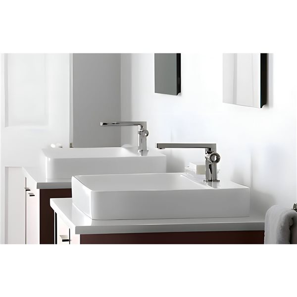 Lavabo-vasque sur plan DROP Bath and Kitchen 15,3 po blanc carré en céramique avec robinet et bonde chromés