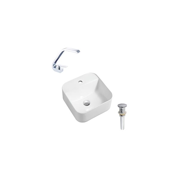 Lavabo-vasque sur plan DROP Bath and Kitchen 15,3 po blanc carré en céramique avec robinet et bonde chromés