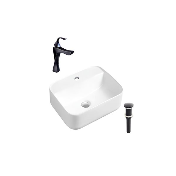 DROP Bath and Kitchen 20.3-in Rectangular Ceramic Above Counter Vessel Sink Set in White w/ Black Faucet and Drain