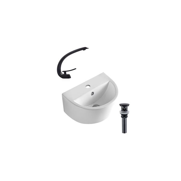 DROP Bath and Kitchen 17.5-in White Semicircular Ceramic Wall Mount Bathroom Vessel Sink w/ Black Faucet and Drain