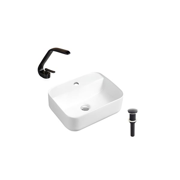 Lavabo-vasque blanc sur plan DROP Bath and Kitchen 20,3 po en céramique rectangle avec robinet et bonde noirs