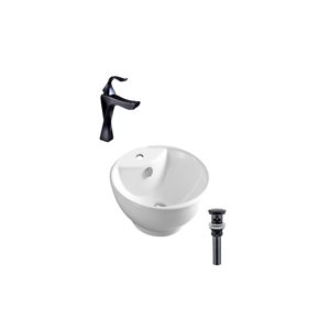 DROP Bath and Kitchen 18-in White Round Ceramic Above Counter Bathroom Vessel Sink Set w/ Black Faucet and Drain