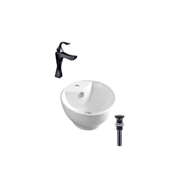 Lavabo-vasque murale rond DROP Bath and Kitchen 18 po en céramique blanche avec bonde et robinet noirs