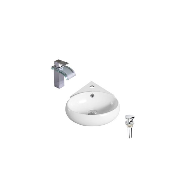 Lavabo-vasque mural en céramique DROP Bath and Kitchen 13,7 po ovale blanc avec robinet et bonde chromés