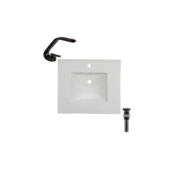 Comptoir-lavabo monobloc rectangulaire blanc en céramique DROP Bath and Kitchen de 20,2 po avec robinet et bonde noirs