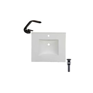 Comptoir-lavabo monobloc rectangulaire blanc en céramique DROP Bath and Kitchen de 20,2 po avec robinet et bonde noirs