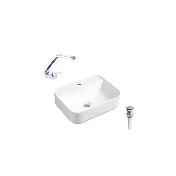 Lavabo-vasque sur plan blanc DROP Bath and Kitchen 20,3 po en céramique rectangle avec robinet et bonde chromés