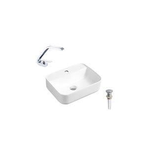 Lavabo-vasque sur plan blanc DROP Bath and Kitchen 20,3 po en céramique rectangle avec robinet et bonde chromés