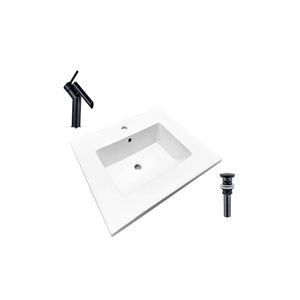 Comptoir-lavabo monobloc en céramique blanche rectangle DROP Bath and Kitchen de 16,3 po avec robinet et bonde noirs