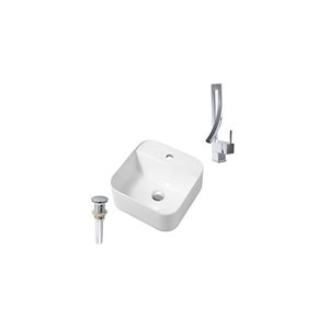 DROP Bath and Kitchen 15.3-in White Square Ceramic Above Counter Vessel Sink w/ Chrome Drain and Faucet