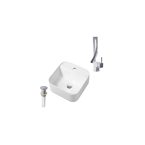 Lavabo-vasque blanc sur plan DROP Bath and Kitchen 15,3 po carré en céramique avec robinet et bonde chromés