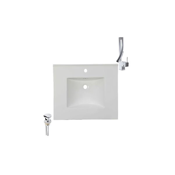 Comptoir-lavabo monobloc rectangulaire blanc en céramique DROP Bath and Kitchen de 20,2 po avec robinet et bonde chromés