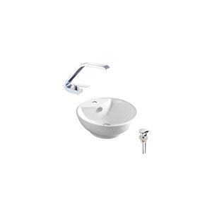 DROP Bath and Kitchen 18-in Round Ceramic Above Counter Vessel Sink Set in White w/ Chrome Drain and Faucet