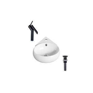 DROP Bath and Kitchen 13.7-in Oval Ceramic Wall Mount Bathroom Vessel Sink Set in White w/ Black Drain and Faucet