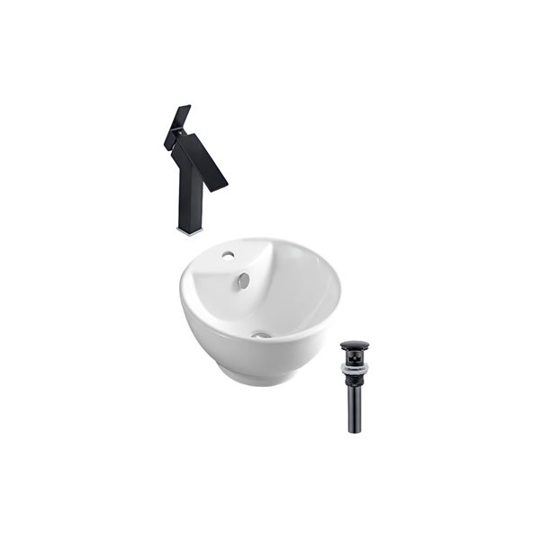 Lavabo-vasque sur plan DROP Bath and Kitchen 18 po en céramique blanc rond avec bonde et robinet noirs