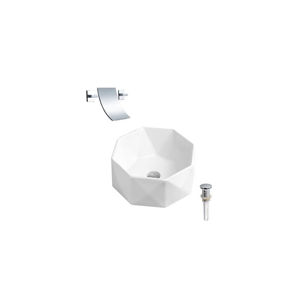 DROP Bath and Kitchen 16.5-in White Octagonal Ceramic Bathroom Vessel Sink Set w/ Chrome Faucet and Drain