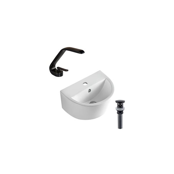 DROP Bath and Kitchen 17.5-in Semicircular Wall Mount Bathroom Vessel Sink Set in White w/ Black Faucet and Drain