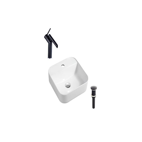 Lavabo-vasque sur plan DROP Bath and Kitchen 15,3 po blanc carré en céramique avec robinet et bonde noirs