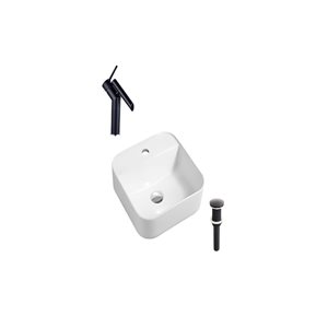 Lavabo-vasque sur plan DROP Bath and Kitchen 15,3 po blanc carré en céramique avec robinet et bonde noirs