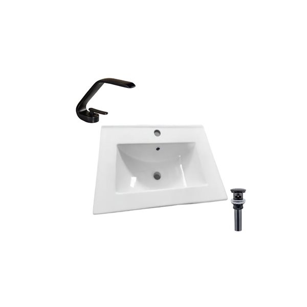 DROP Bath and Kitchen 24.2-in Rectangular Ceramic Bathroom Vanity Top Set in White w/ Black Faucet and Drain