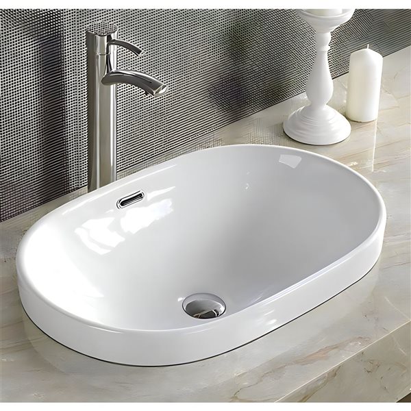 DROP Bath and Kitchen 23.8-in White Oval Ceramic Bathroom Vessel Sink Set w/ Chrome Faucet and Drain