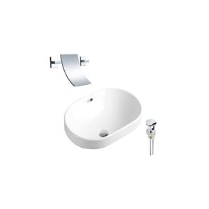 DROP Bath and Kitchen 23.8-in White Oval Ceramic Bathroom Vessel Sink Set w/ Chrome Faucet and Drain