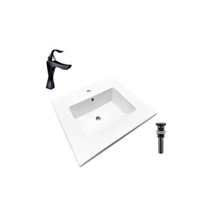 Comptoir-lavabo monobloc rectangulaire en céramique blanche DROP Bath and Kitchen de 16,3 po avec robinet et bonde noirs