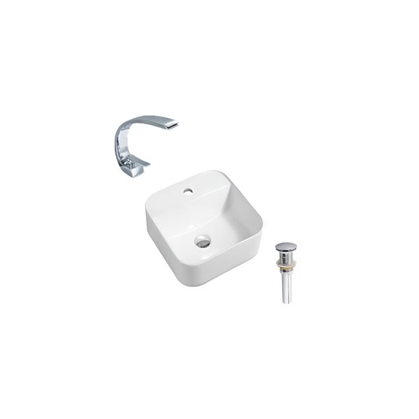 DROP Bath and Kitchen 15.3-in Square Ceramic Above Counter Bathroom Vessel Sink in White w/ Chrome Faucet and Drain