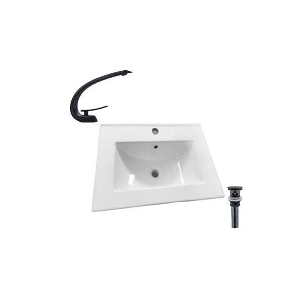 Comptoir-lavabo monobloc rectangulaire en céramique blanche DROP Bath and Kitchen de 24,2 po avec robinet et bonde noirs