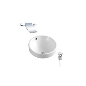 DROP Bath and Kitchen 18-in White Round Ceramic Bathroom Vessel Sink Set w/ Chrome Faucet and Drain