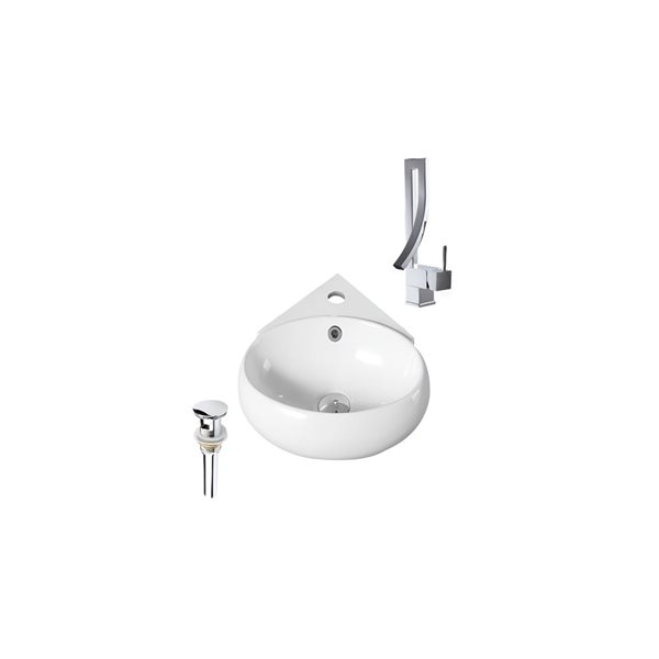 DROP Bath and Kitchen 13.7-in White Oval Ceramic Wall Mounted Bathroom Vessel Sink Set in White w/ Chrome Faucet and Drain