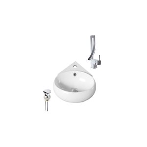 DROP Bath and Kitchen 13.7-in White Oval Ceramic Wall Mounted Bathroom Vessel Sink Set in White w/ Chrome Faucet and Drain