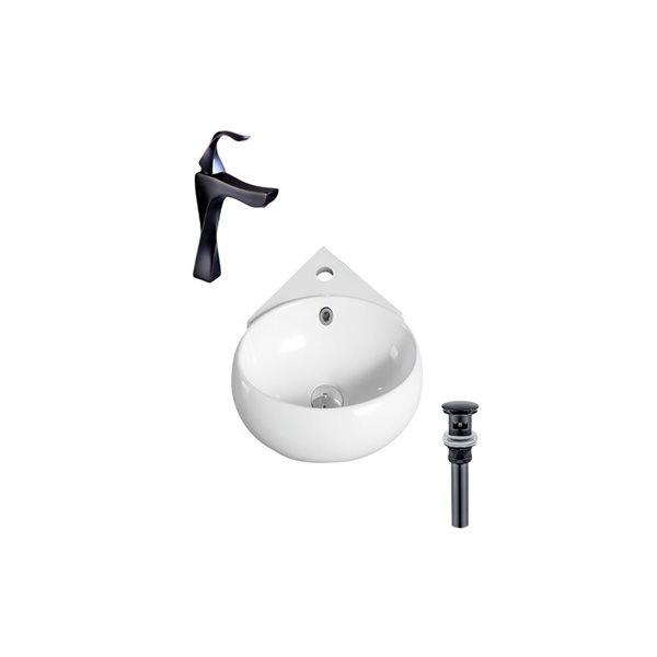 DROP Bath and Kitchen 13.7-in White Oval Ceramic Wall Mount Bathroom Vessel Sink w/ Black Drain and Faucet