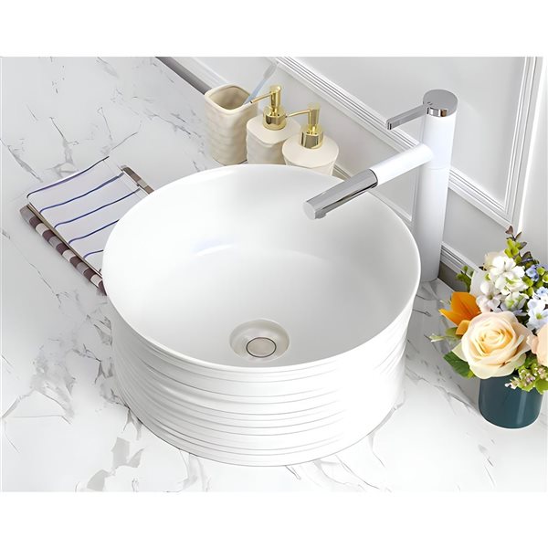 Lavabo-vasque ronde DROP Bath and Kitchen 16,3 po en céramique blanche avec robinet et bonde chromés